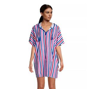 Lands End Women's L/XL Multicolored Striped Terry Hooded Swim Cover Up  2187